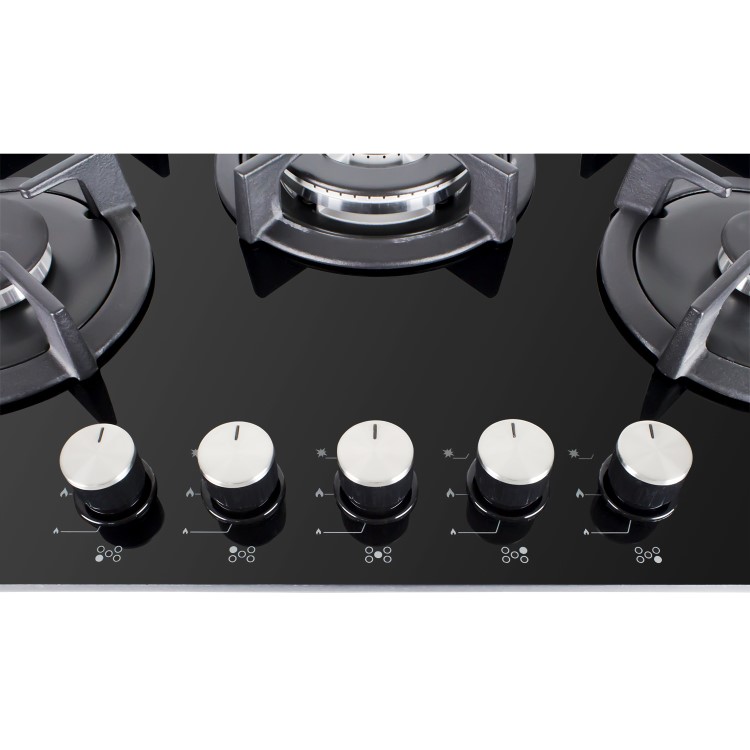 GRADE A1 - electriQ 70cm Black Glass on Gas 5 Burner Hob