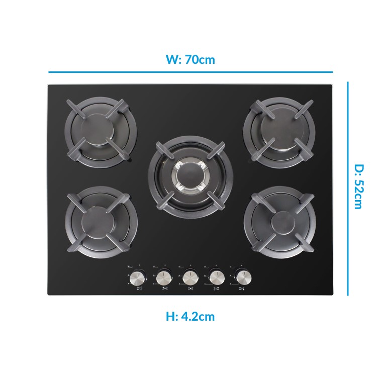 electriQ 70cm Black Glass on Gas 5 Burner Hob