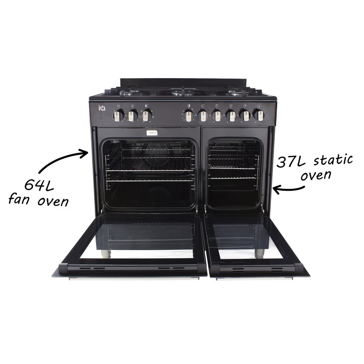 electriQ 90cm Dual Fuel Double Oven Range Cooker Black