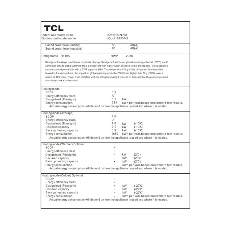 TCL iQool18-V3 18000/19000 BTU  A++/A+ SEER/ SCOP 6.3/4 High wall-mounted split unit Cooling and Heating