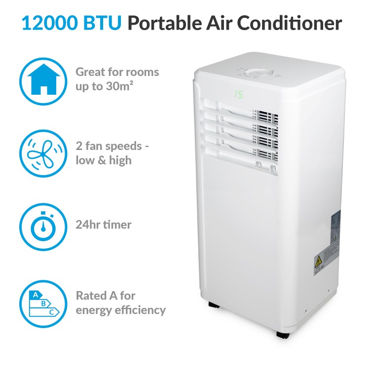 GRADE A2 - electriQ 12000 BTU Portable Air Conditioner for rooms up to 30 sqm