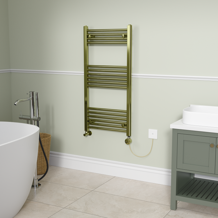 Brushed Brass electriQ 600W Smart Wi-Fi Thermostatic Heating Element for Electric & Dual-Fuel Radiators and Towel Rails – Plug-In or Hardwired