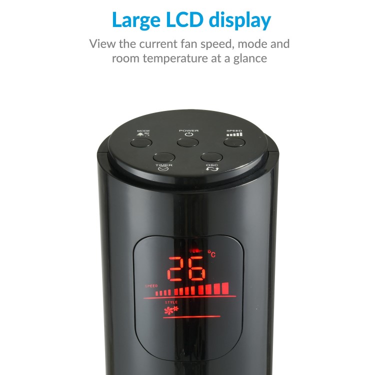 electriQ 46 Inch Black Tower Fan with Remote Control 3 Speed Settings Timer & Oscillation Functions