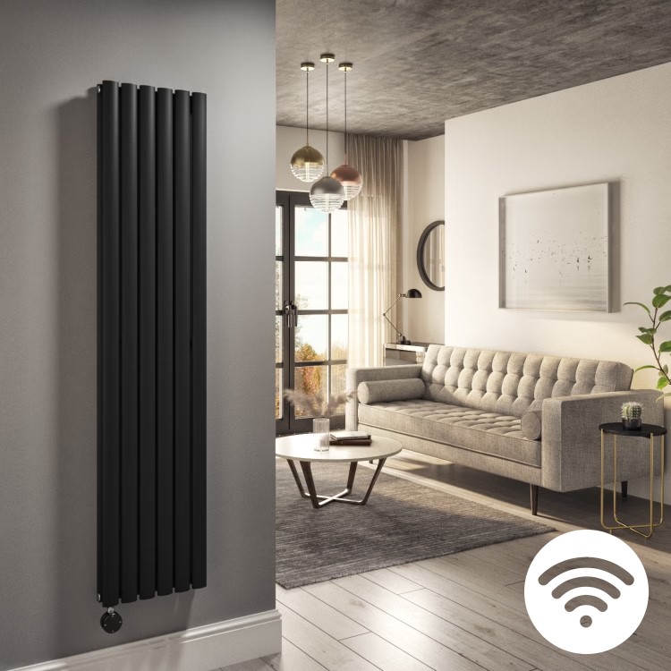Midnight Black Vertical Smart Electric Radiator with Wi-Fi Thermostat - 1.2kW - Double Panel H1600xW354mm - Bathroom Safe