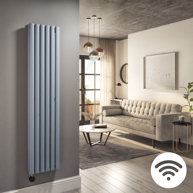 Light Grey Vertical Smart Electric Radiator with Wi-Fi Thermostat - 1.2kW - Double Panel H1600xW354mm - Bathroom Safe