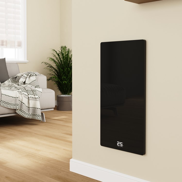 380W Smart Infrared Vertical Black Glass Designer Wall Heater 450x900mm with Optional Towel Rail - IP24 Bathroom Safe