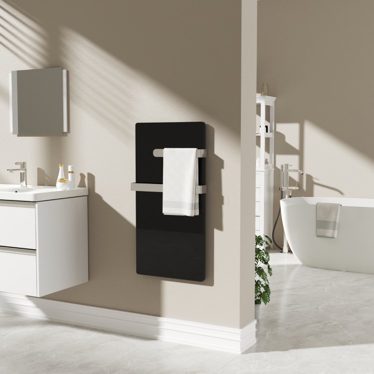 380W Smart Infrared Vertical Black Glass Designer Wall Heater 450x900mm with Optional Towel Rail - IP24 Bathroom Safe
