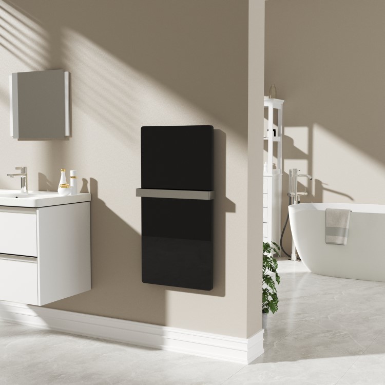 380W Smart Infrared Vertical Black Glass Designer Wall Heater 450x900mm with Optional Towel Rail - IP24 Bathroom Safe