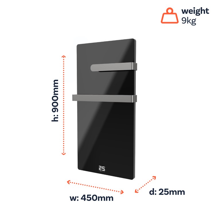 380W Smart Infrared Vertical Black Glass Designer Wall Heater 450x900mm with Optional Towel Rail - IP24 Bathroom Safe