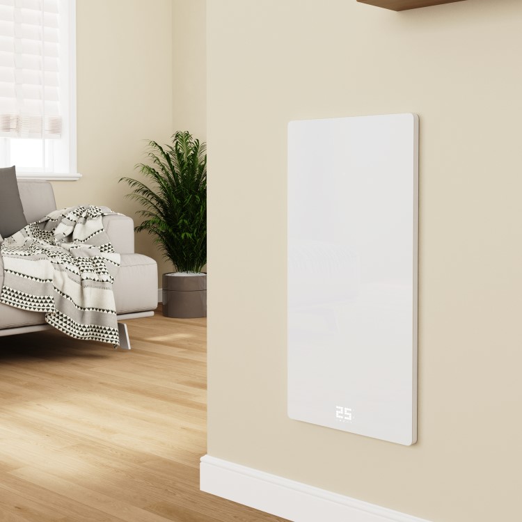 380W Smart Infrared Vertical White Glass Designer Wall Heater 450x900mm with Optional Towel Rail - IP24 Bathroom Safe