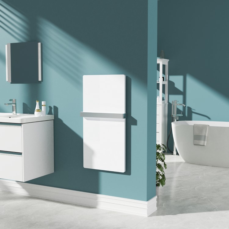 380W Smart Infrared Vertical White Glass Designer Wall Heater 450x900mm with Optional Towel Rail - IP24 Bathroom Safe
