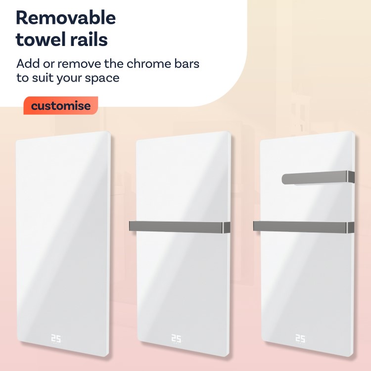 380W Smart Infrared Vertical White Glass Designer Wall Heater 450x900mm with Optional Towel Rail - IP24 Bathroom Safe