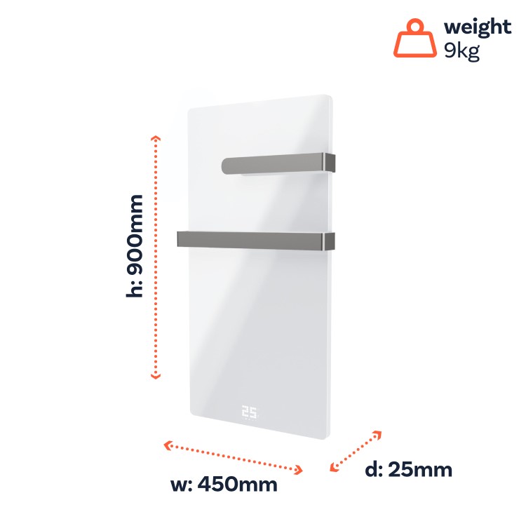 380W Smart Infrared Vertical White Glass Designer Wall Heater 450x900mm with Optional Towel Rail - IP24 Bathroom Safe