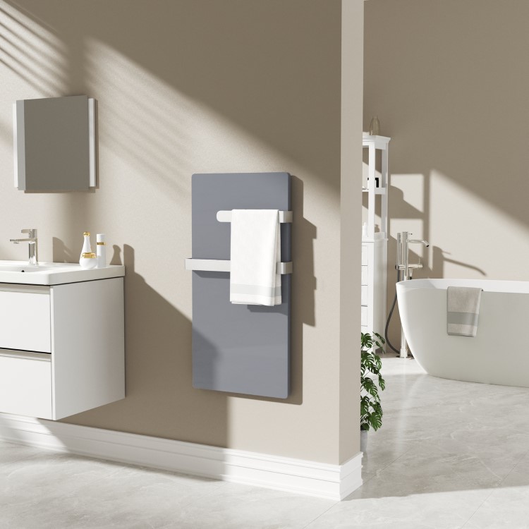 600W Smart Infrared Vertical Anthracite Glass Designer Wall Heater 550x1100mm with Optional Towel Rail - IP24 Bathroom Safe