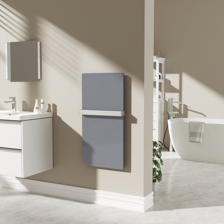 600W Smart Infrared Vertical Anthracite Glass Designer Wall Heater 550x1100mm with Optional Towel Rail - IP24 Bathroom Safe