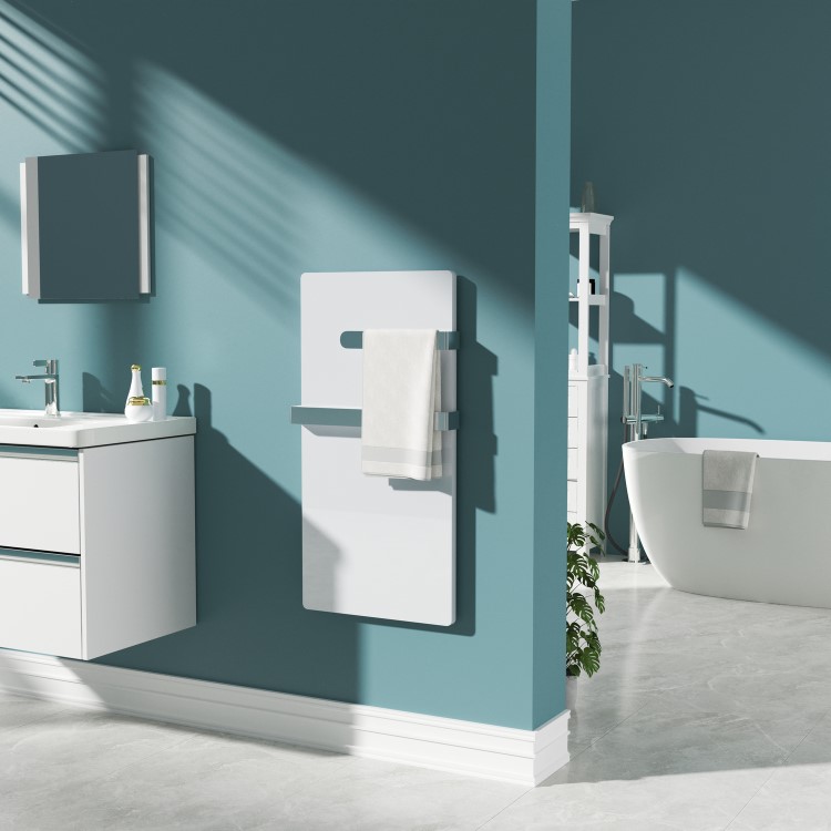 600W Smart Infrared Vertical White Glass Designer Wall Heater 550x1100mm with Optional Towel Rail - IP24 Bathroom Safe