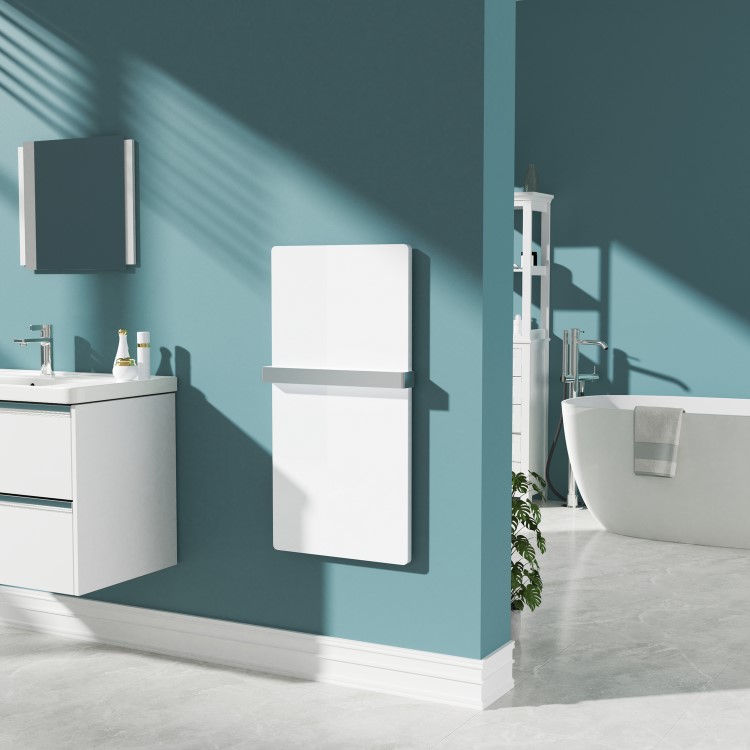 600W Smart Infrared Vertical White Glass Designer Wall Heater 550x1100mm with Optional Towel Rail - IP24 Bathroom Safe