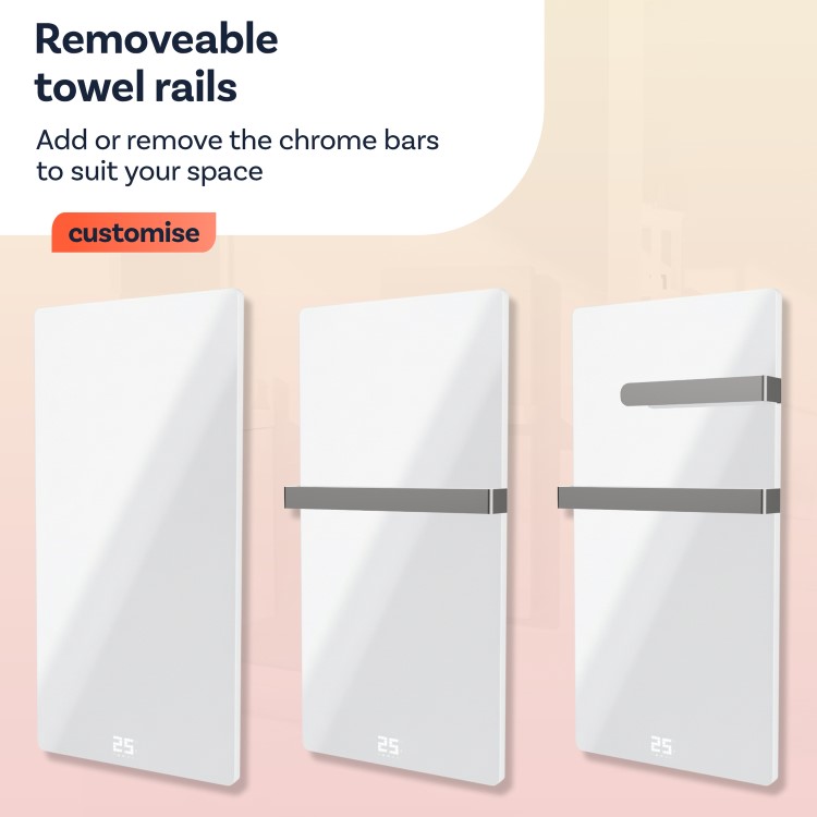Refurbished - 600W Smart Infrared Vertical White Glass Designer Wall Heater 550x1100mm with Optional Towel Rail - IP24 Bathroom Safe