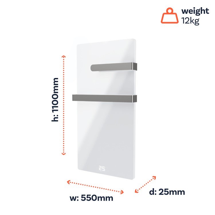 600W Smart Infrared Vertical White Glass Designer Wall Heater 550x1100mm with Optional Towel Rail - IP24 Bathroom Safe