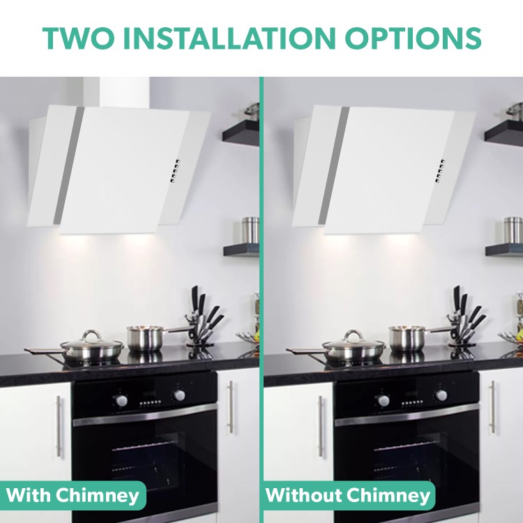 electriQ 60cm Angled Chimney Cooker Hood - White Glass