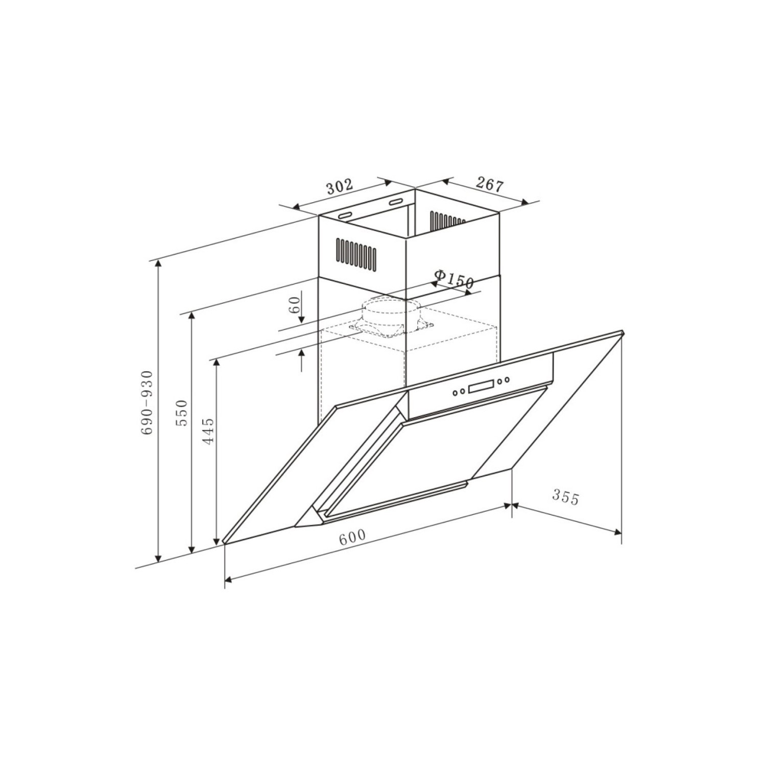 cooker hood KKT KOLBE 60cm, stainless steel, black glass, extra quiet, 9 steps, 523m³/h, LED lighting, TouchSelect sensor keys, Automatic overrun, EEK A+ Angled extractor hood EASY609S