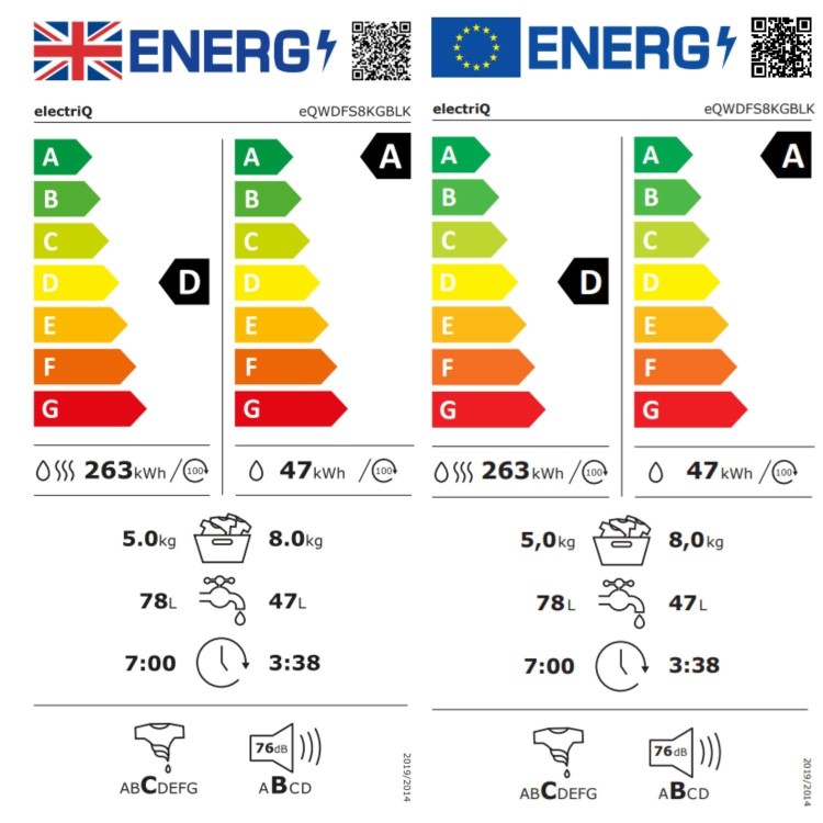 electriQ 8kg Wash 5kg Dry 1400rpm Washer Dryer - Quiet, Energy Saving - Black