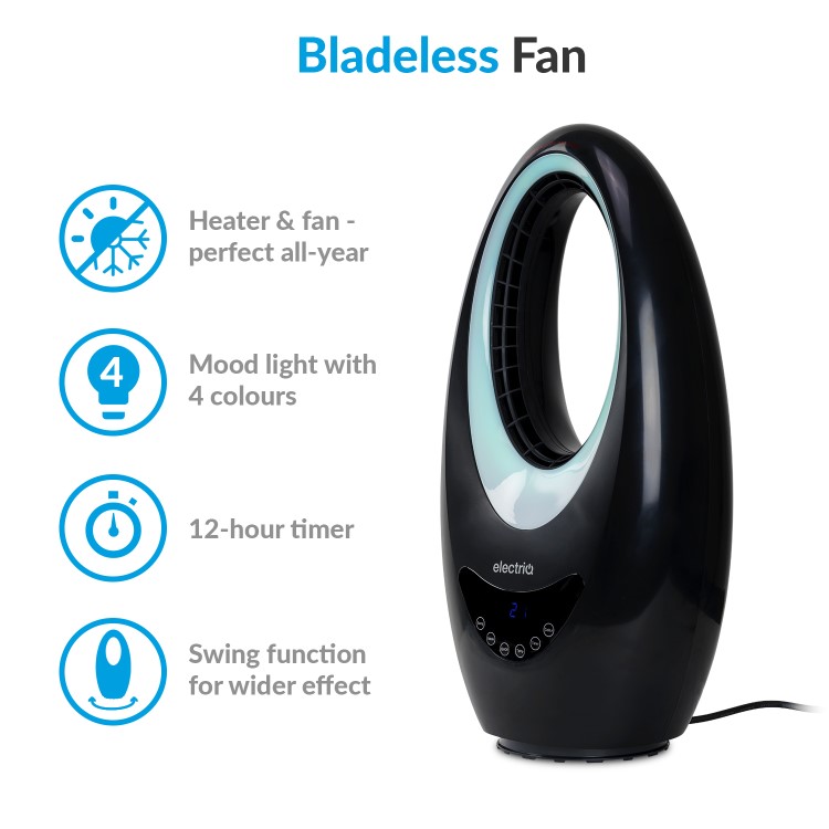 electriQ 2000W Bladeless Hot + Cold Fan Heater with Mood Light - Black
