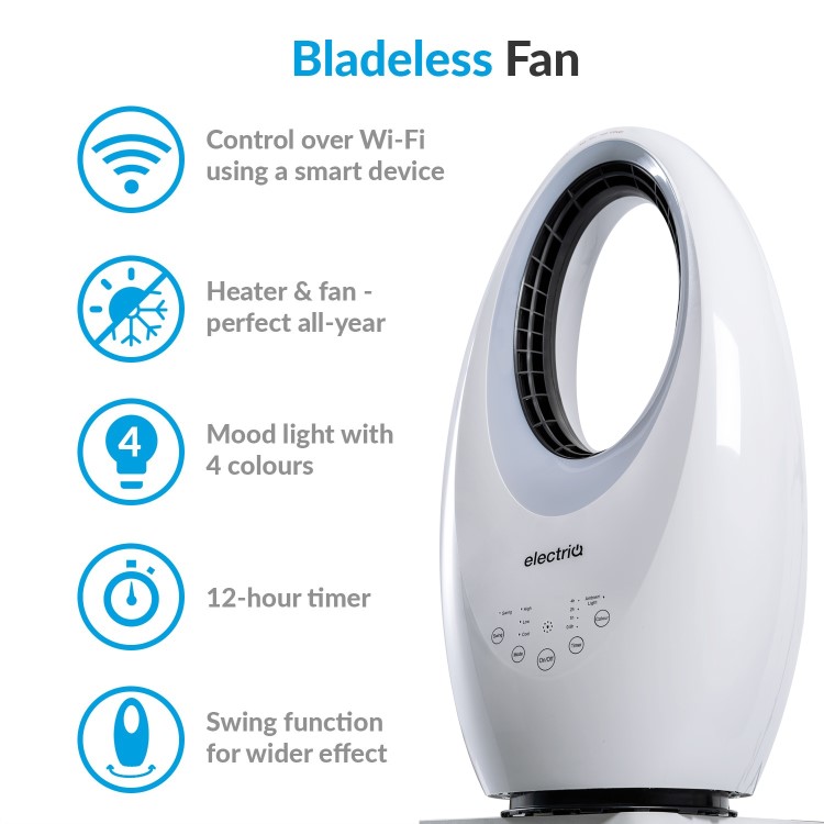 electriQ 24 Inch Smart Quiet Bladeless Tower Fan and Heater with Mood Light - White