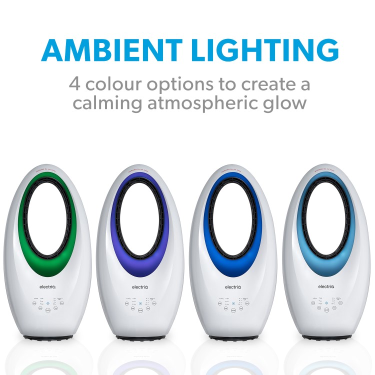 electriQ 24 Inch Smart Quiet Bladeless Tower Fan and Heater with Mood Light - White