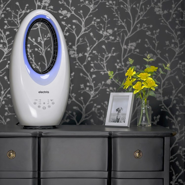 electriQ 24 Inch Smart Quiet Bladeless Tower Fan and Heater with Mood Light - White