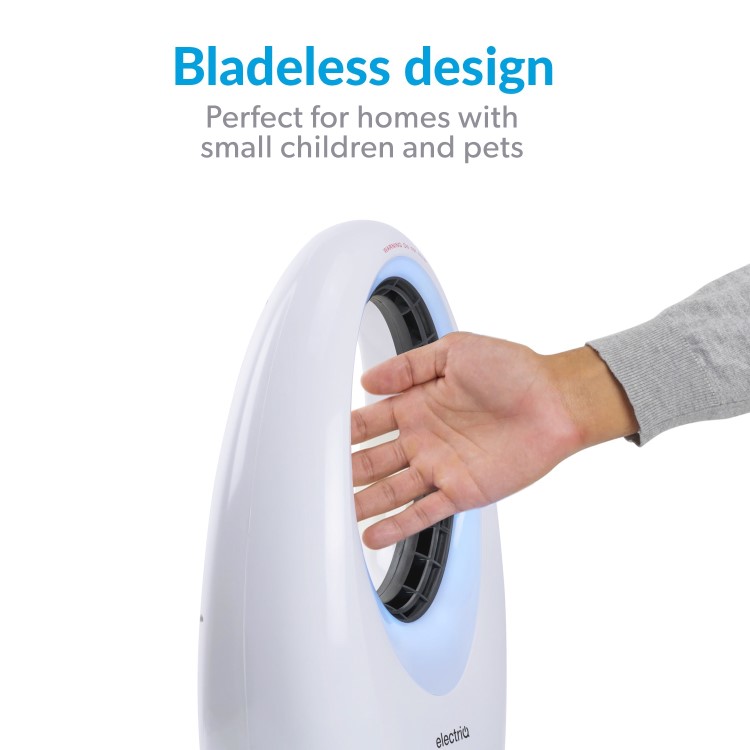 electriQ 24 Inch Smart Quiet Bladeless Tower Fan and Heater with Mood Light - White
