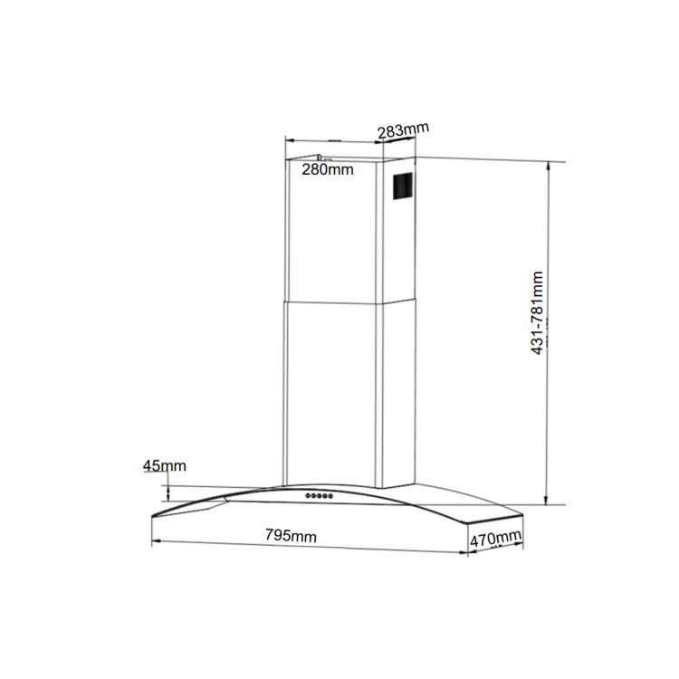 electriQ 75cm Curved Glass Chimney Cooker Hood - Black