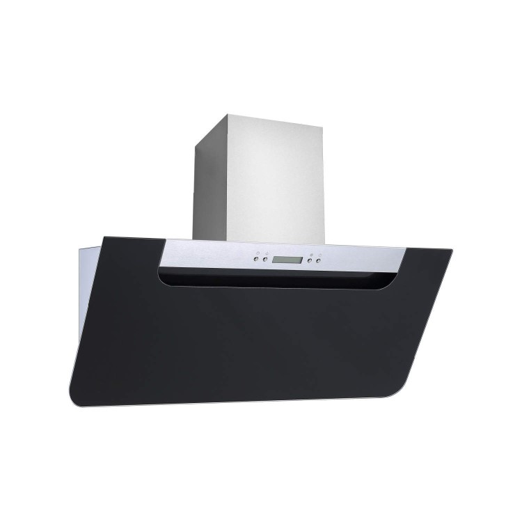 Refurbished electriQ eIQCHB90B 90cm Angled Cooker Hood with Optional Chimney Black Glass and Stainless Steel