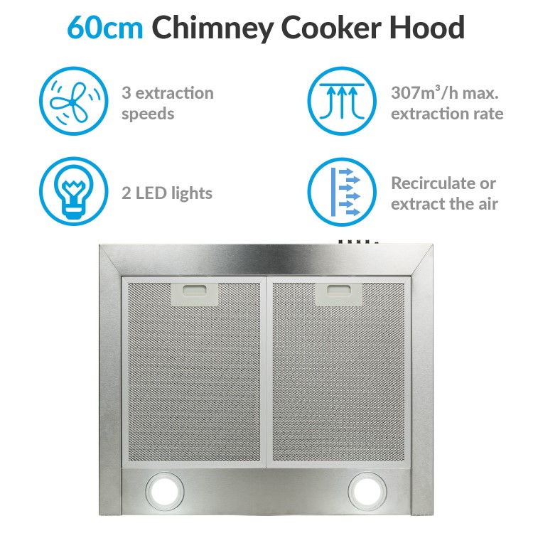 GRADE A1 - electriQ 60cm Traditional Stainless Steel Chimney Cooker Hood  
