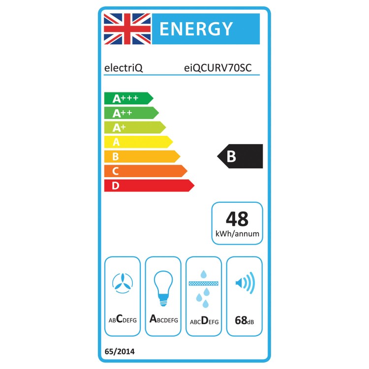 electriQ 70cm Curved Glass Chimney Cooker Hood - Stainless Steel