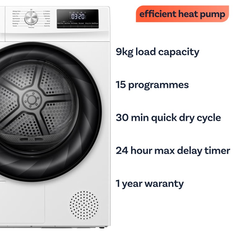 Refurbished electriQ eiQTDHPFS9 Freestanding Heat Pump 9KG Tumble Dryer White