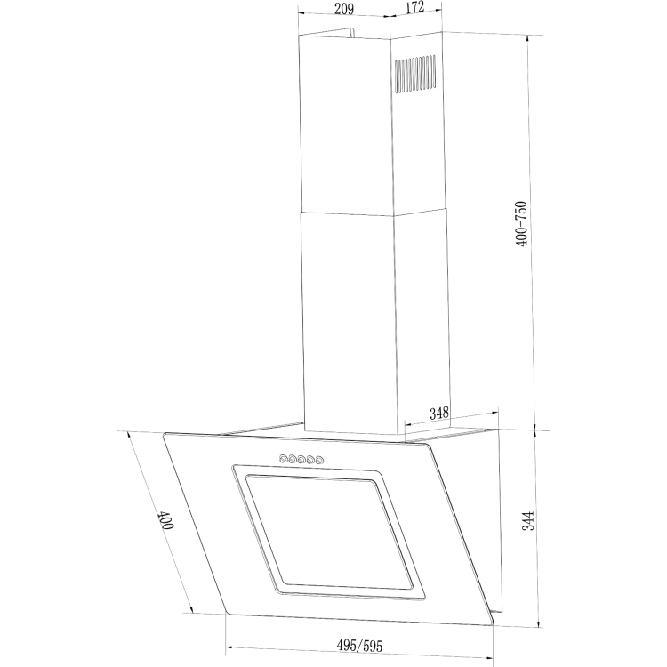 electriQ 60cm Sloping Glass Chimney Cooker Hood - Black