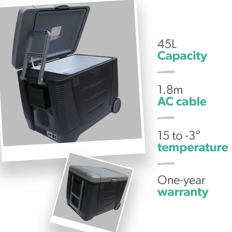electriQ 45L Large Electric Plug In Portable Cool Box in Black with Wheels and Mains/12V Car Adapter