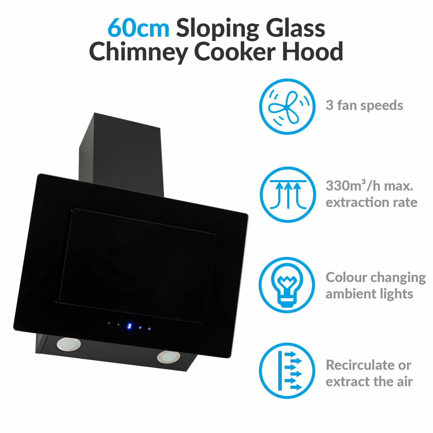 electriQ 60cm Angled Chimney Cooker Hood with Colour Change Lights