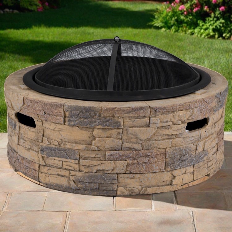Refurbished electriQ Cast Stone Round Base Wood Burning Garden Fire Pit Brown