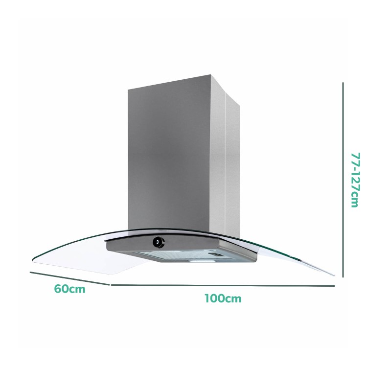 electriQ 100cm Curved Glass Island Cooker Hood - Stainless Steel