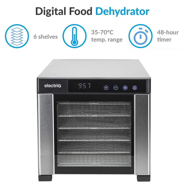 Refurbished electriQ Commercial Digital Food Dehydrator & Dryer with 6 Shelves and 48 Hour Timer Stainless Steel