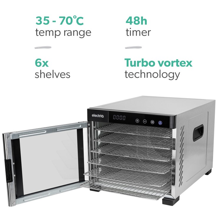 Refurbished electriQ Commercial Digital Food Dehydrator & Dryer with 6 Shelves and 48 Hour Timer Stainless Steel