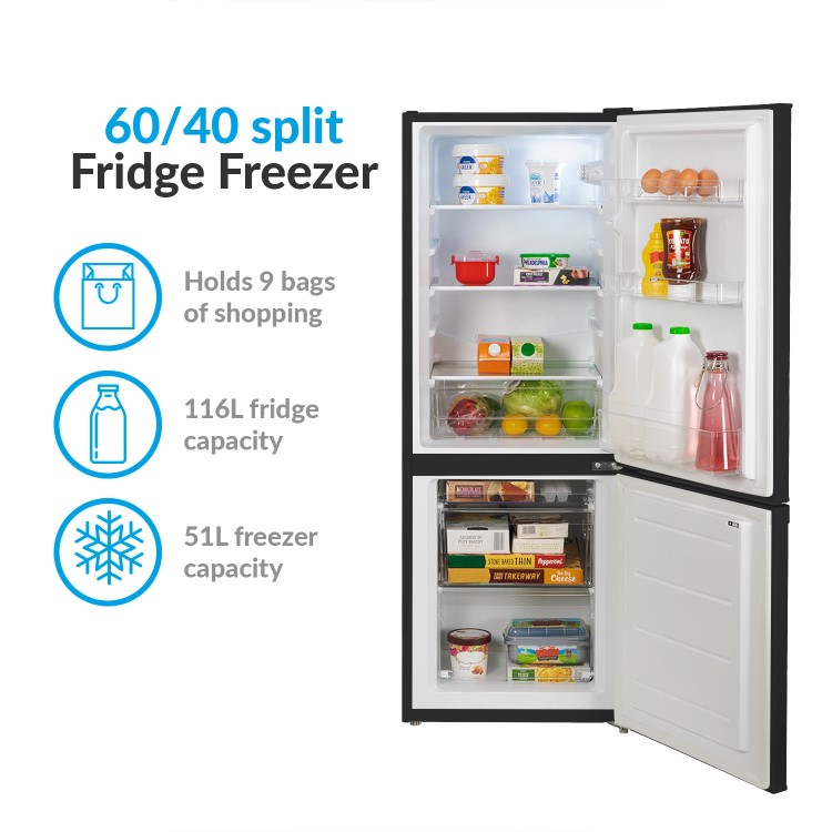 Refurbished electriQ eqfs50141ffb Freestanding 167 Litre 60/40 Split Fridge Freezer Black
