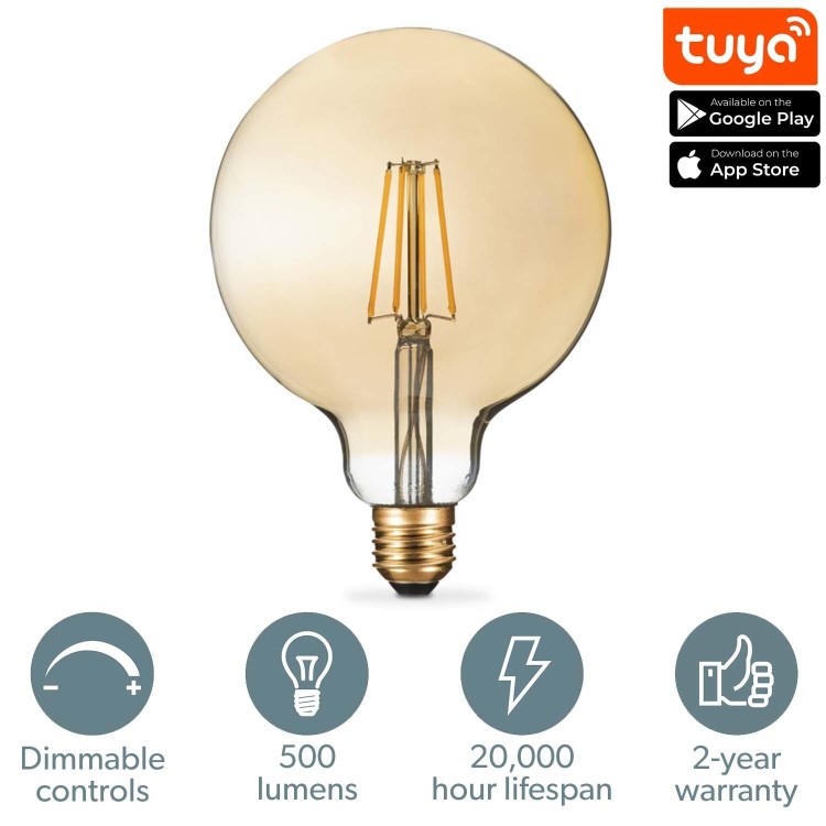 electriQ Dimmable Smart Wifi Filament Globe Bulb Large with E27 screw base - Smoked Amber finish - Alexa & Google Home compatible
