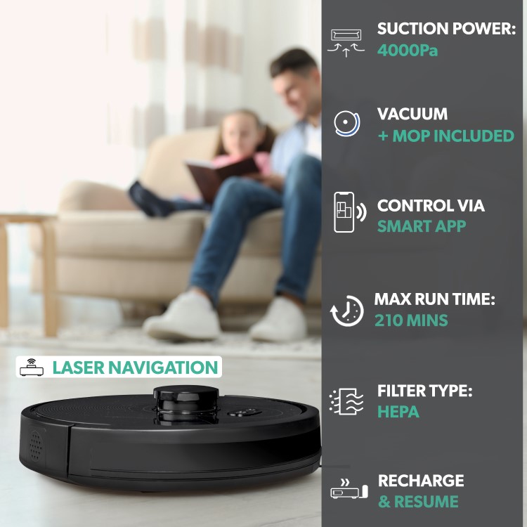 Refurbished electriQ HELGA Robot Vacuum Cleaner and Mop - 4000Pa Suction - Black