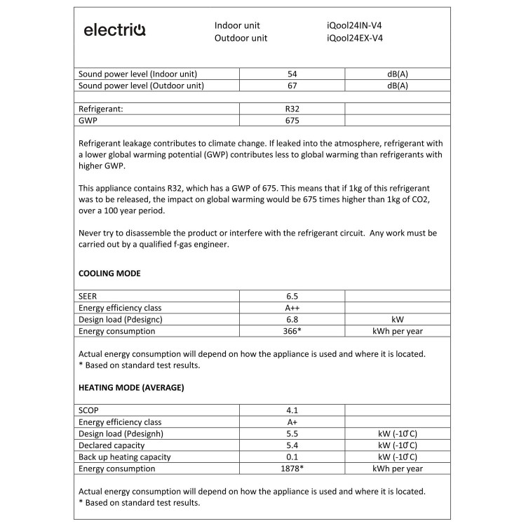 electriQ iQool 24000 BTU WiFi Smart A++ Wall Split Air Conditioner with Heat Pump and 5-Meter Pipe Kit Included