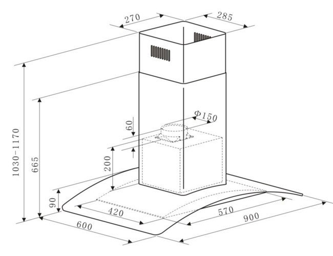 EIQISLANDCURVEDSS90 cooker hood dimensions